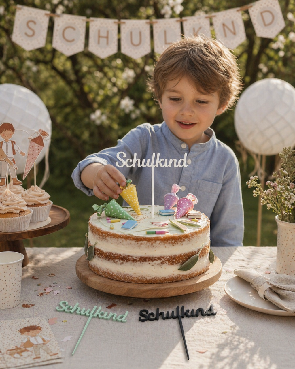 Weißer Schulkind Caketopper auf Torte zur Einschulung mit Mädchen bei der Feier