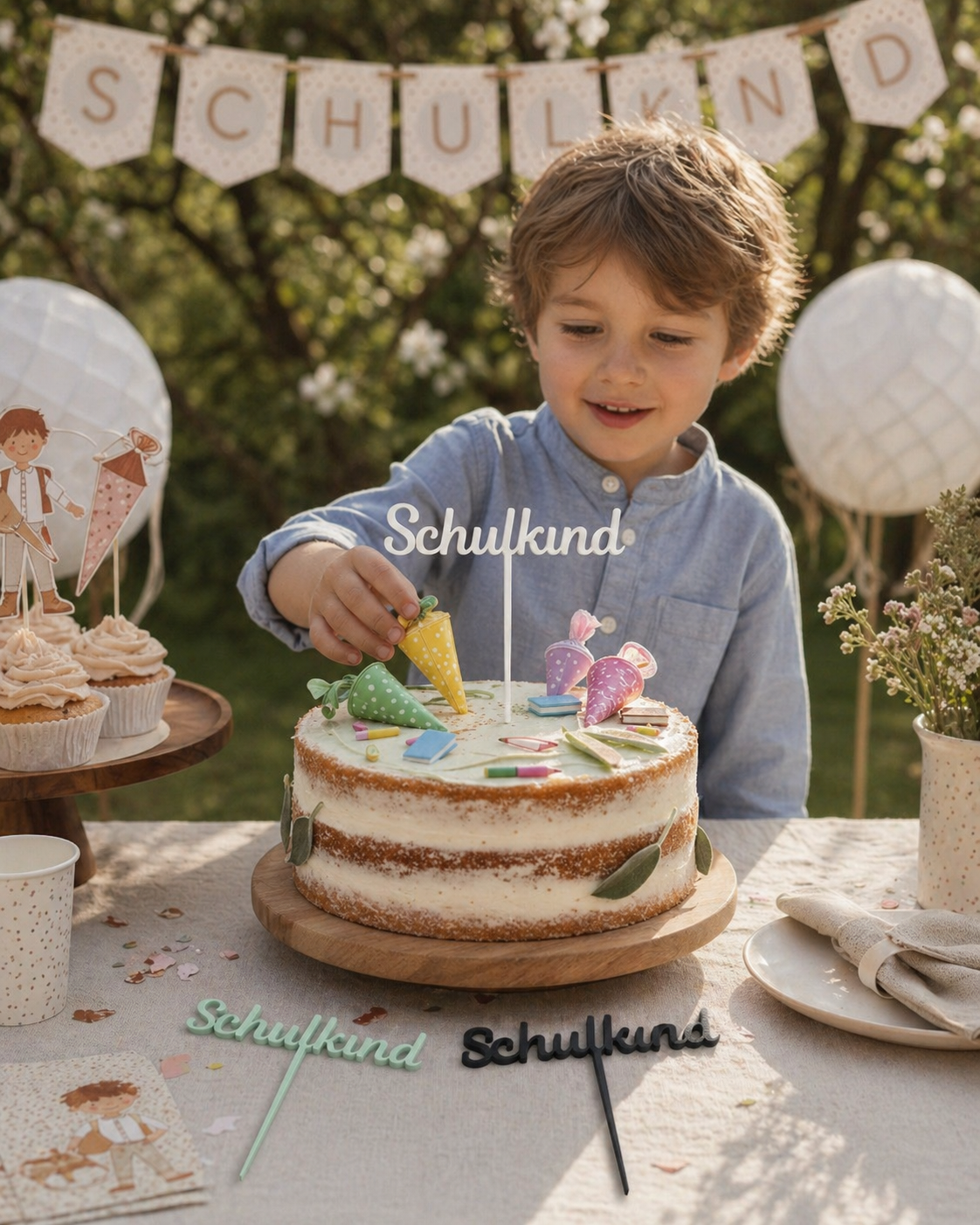 Weißer Schulkind Caketopper auf Torte zur Einschulung mit Mädchen bei der Feier