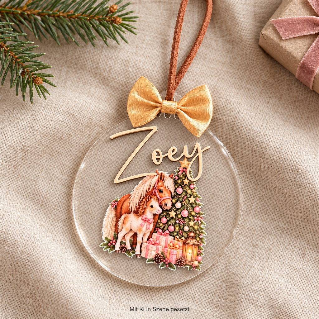 Acryl-Weihnachtskugel mit UV-gedrucktem Pony und Fohlen und erhabenem Namen, auf Leinen mit KI in Szene gesetzt