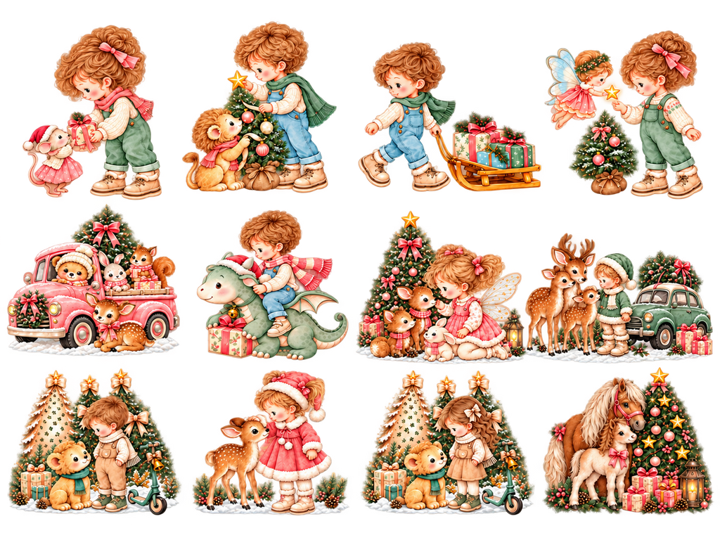 Weihnachtsmotive 1–12, zeilenweise von links nach rechts. Freigestellte Motivvorschau ohne Holzträger, mit KI bearbeitet.