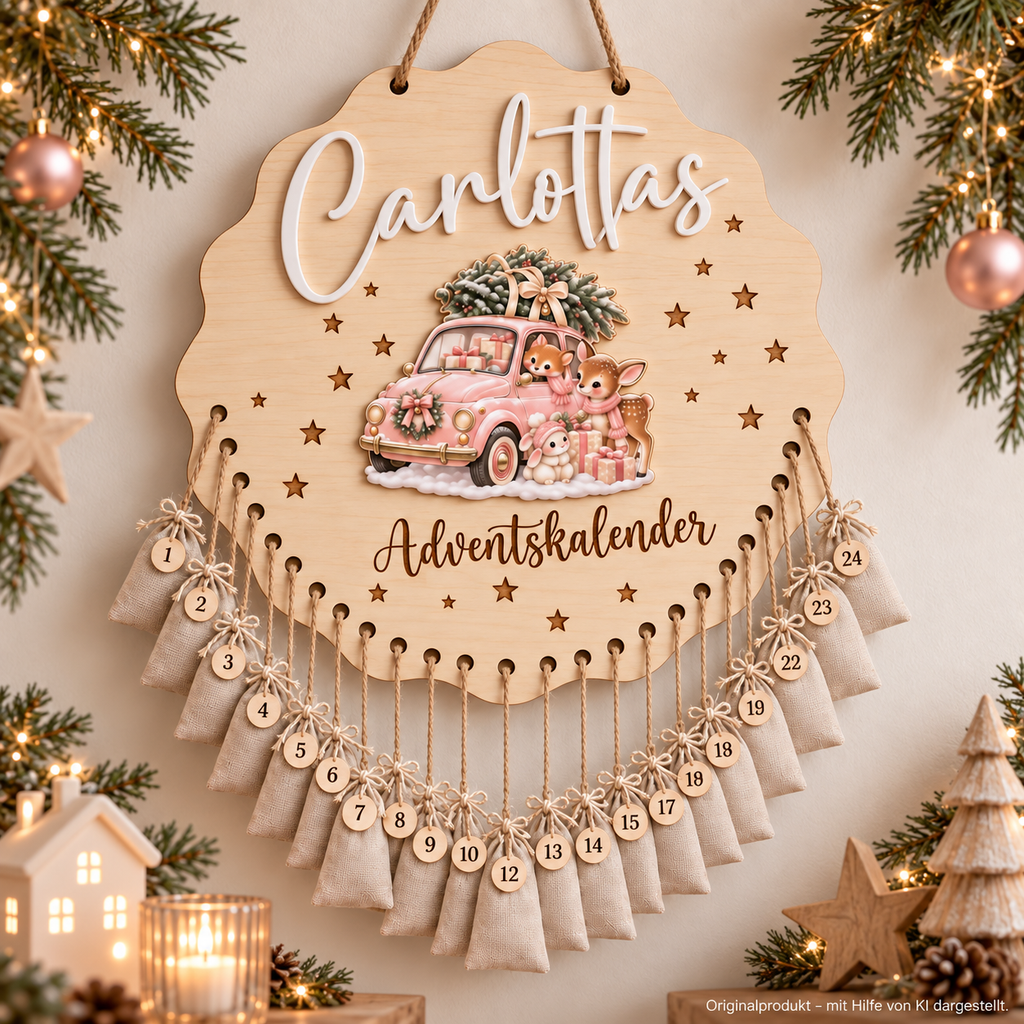 Carlottas Adventskalender in weihnachtlicher Umgebung – Originalprodukt, mit Hilfe von KI dargestellt
