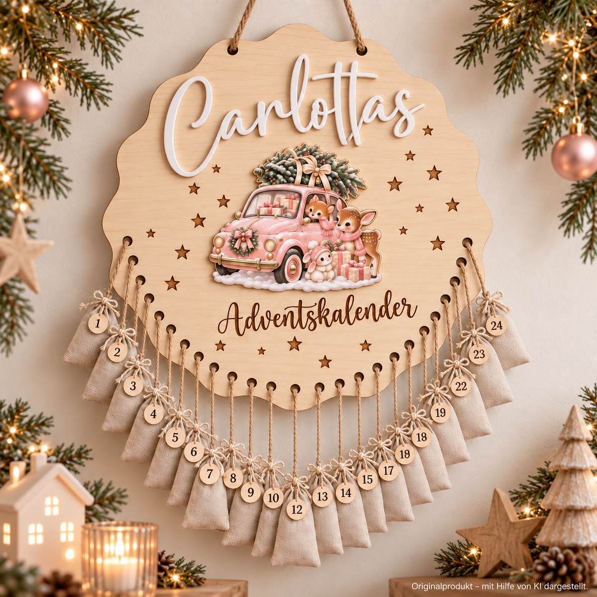 Carlottas Adventskalender in weihnachtlicher Umgebung – Originalprodukt, mit Hilfe von KI dargestellt