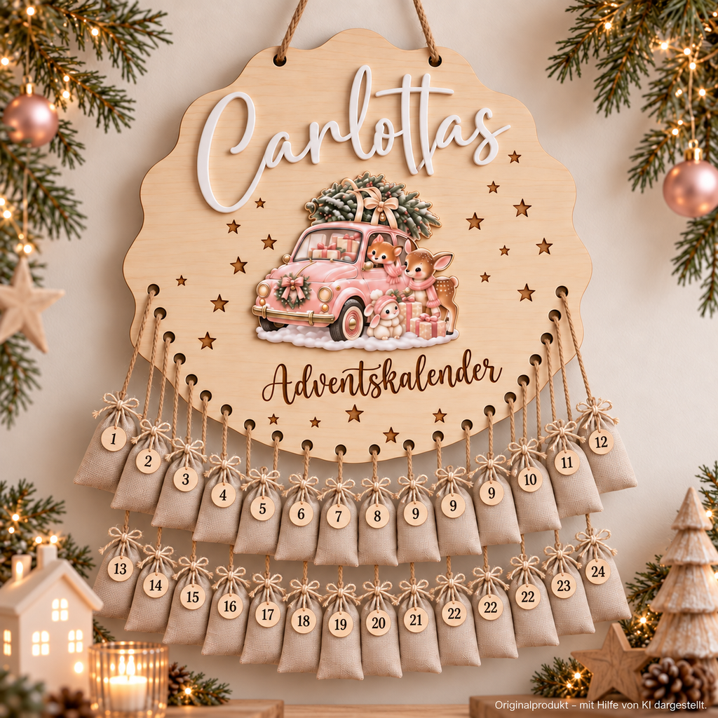 Carlottas Adventskalender mit Säckchen in zwei Reihen – Originalprodukt, mit Hilfe von KI dargestellt
