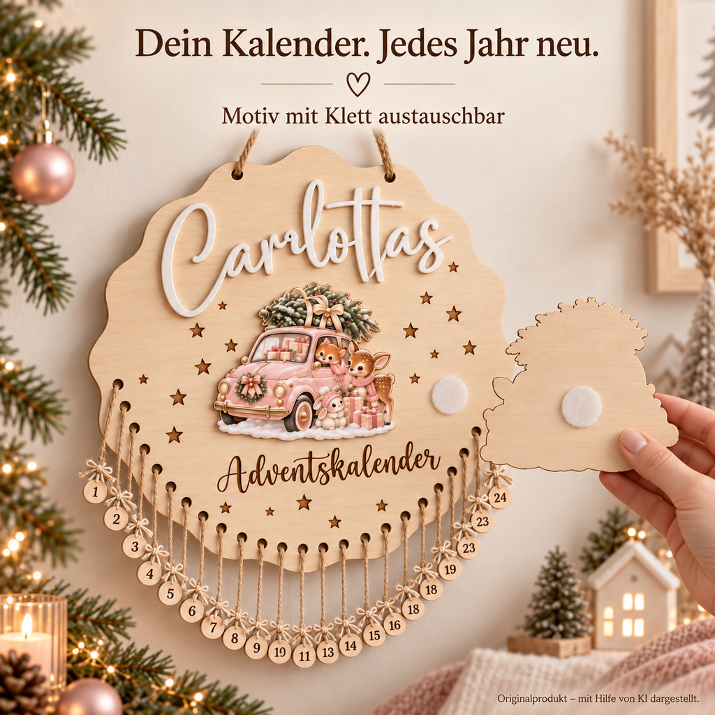 Carlottas Adventskalender mit Wechselmotiv – Originalprodukt, mit Hilfe von KI dargestellt