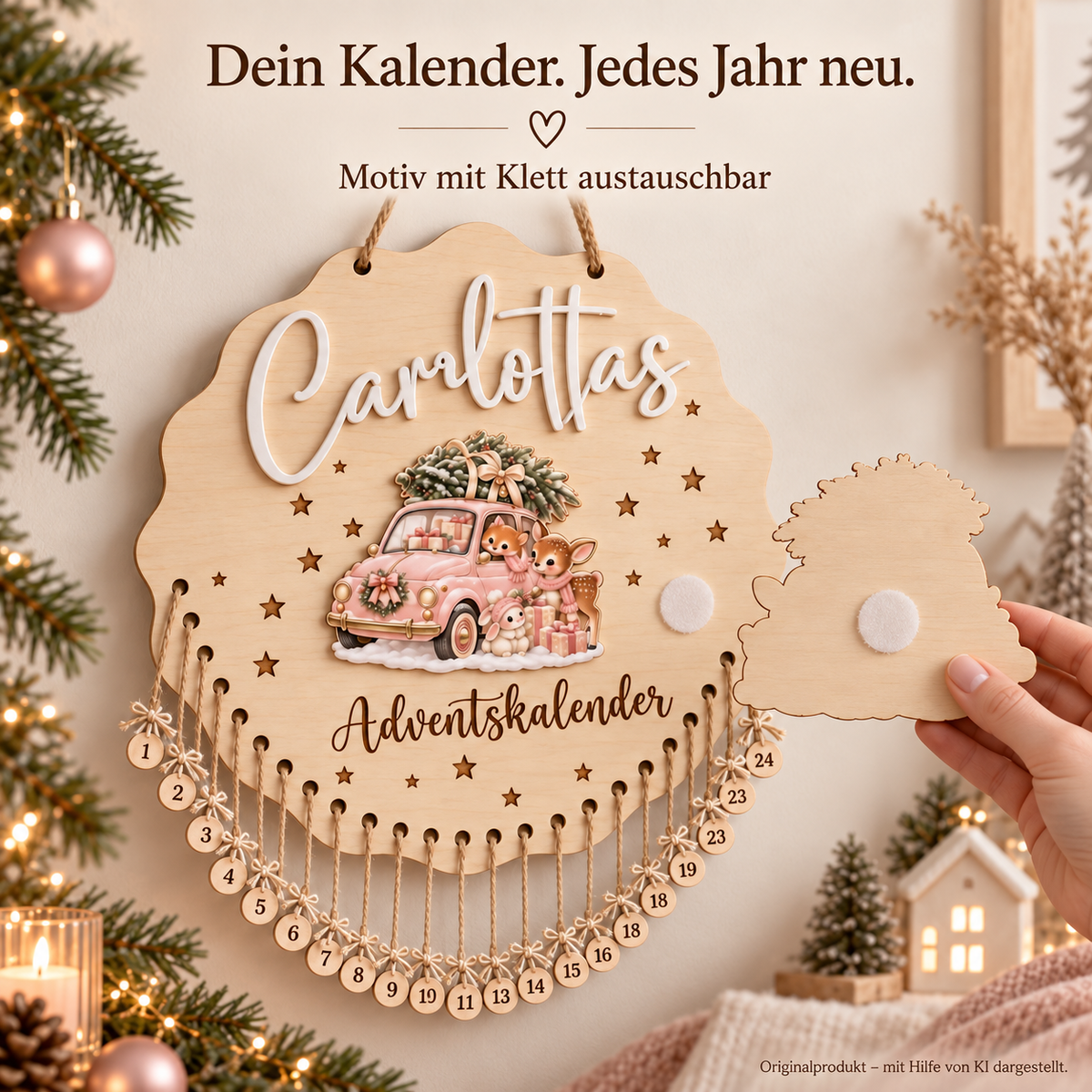 Carlottas Adventskalender mit Wechselmotiv – Originalprodukt, mit Hilfe von KI dargestellt