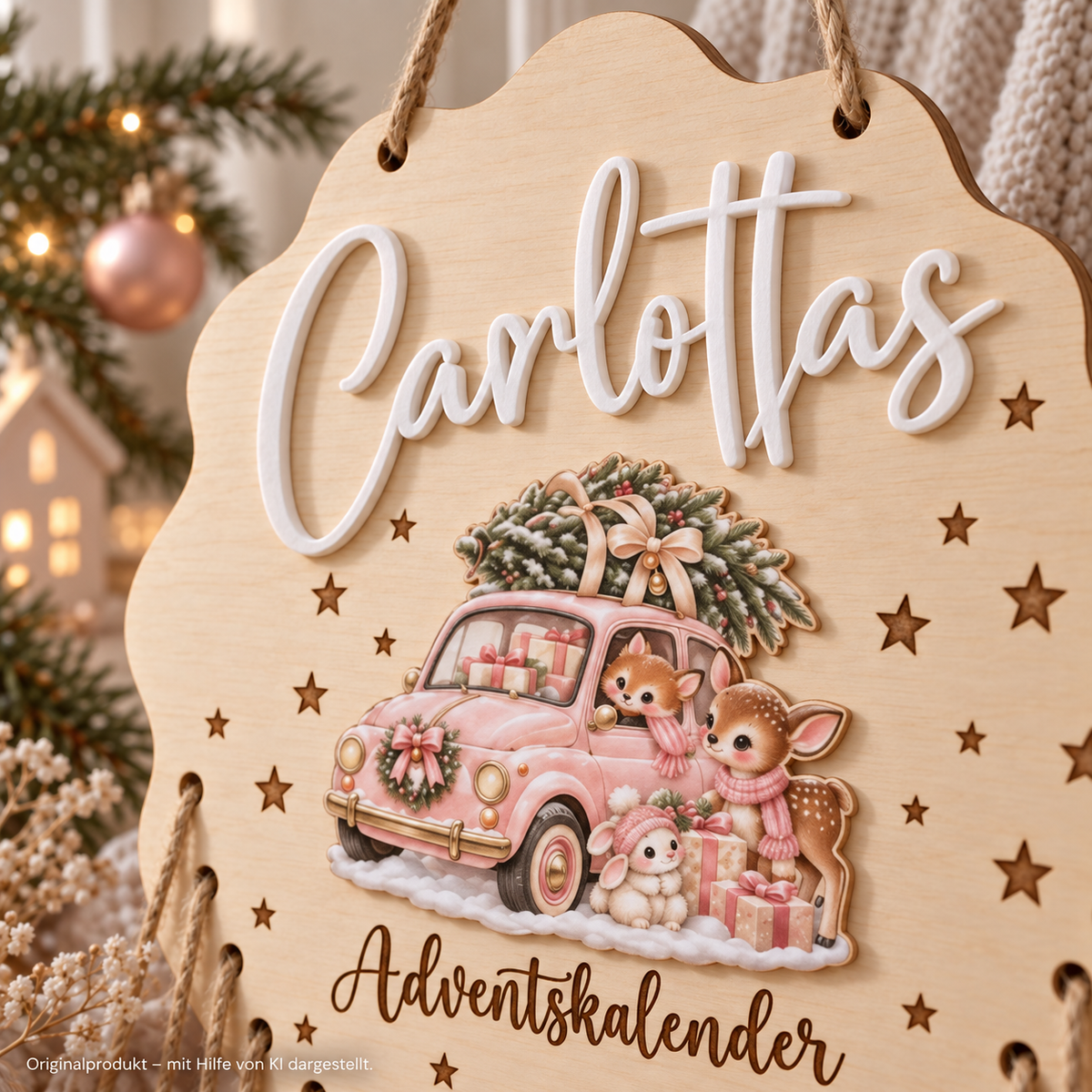 Adventskalender aus Holz mit weißem 3D-Namen und Weihnachtsauto-Wechselmotiv – Originalprodukt, mit Hilfe von KI dargestellt