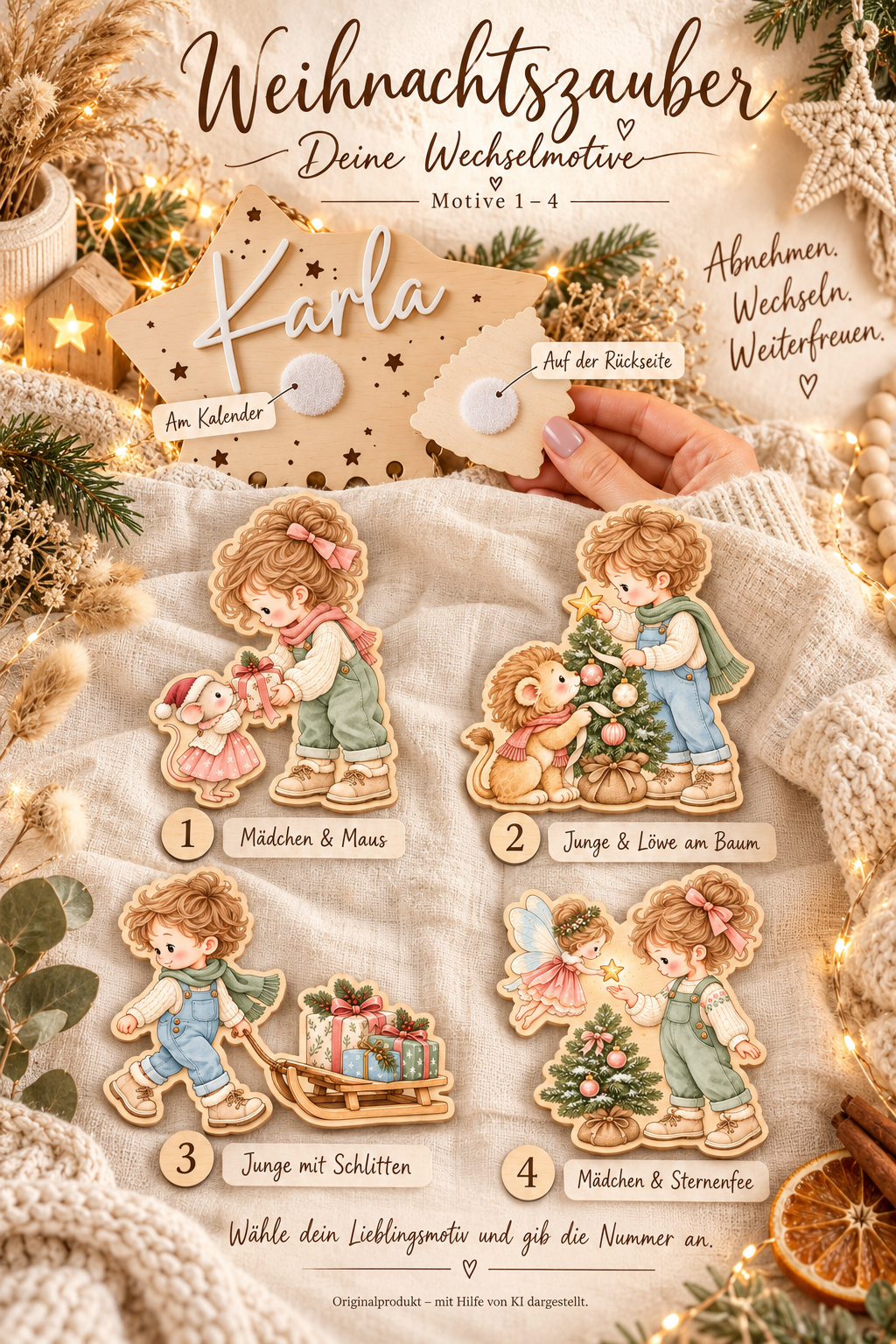 Weihnachtsmotive zur Auswahl 1 bis 4: Mädchen und Maus, Junge und Löwe am Baum, Junge mit Schlitten, Mädchen und Sternenfee
