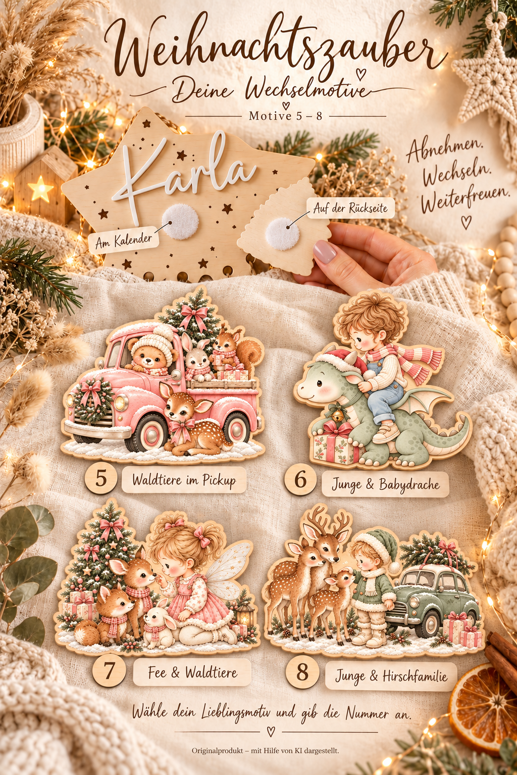 Weihnachtsmotive zur Auswahl 5 bis 8: Waldtiere im Pickup, Junge und Babydrache, Fee und Waldtiere, Junge und Hirschfamilie