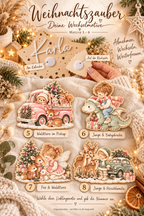 Weihnachtsmotive zur Auswahl 5 bis 8: Waldtiere im Pickup, Junge und Babydrache, Fee und Waldtiere, Junge und Hirschfamilie