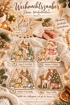 Weihnachtsmotive zur Auswahl 9 bis 12: Junge und Löwenbaby, Mädchen und Rehkitz, Mädchen und Löwenbaby, Pony und Fohlen