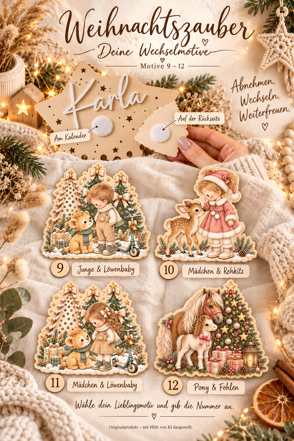 Weihnachtsmotive zur Auswahl 9 bis 12: Junge und Löwenbaby, Mädchen und Rehkitz, Mädchen und Löwenbaby, Pony und Fohlen