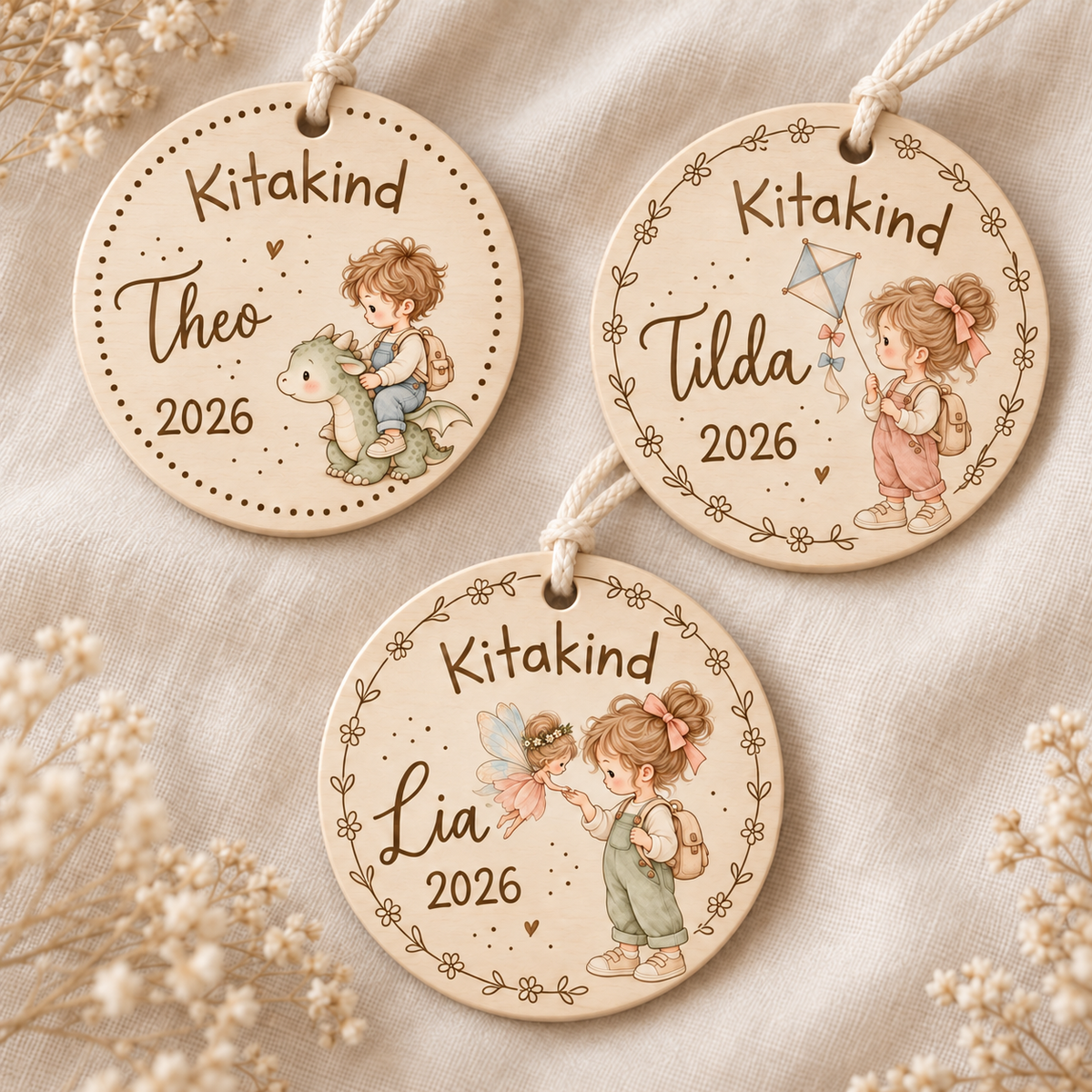 Personalisierte bunte Kita-Holzanhänger in den Designs Punkte und Blumen mit Aquarellmotiven