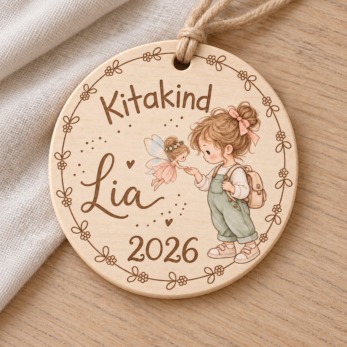 Kita-Holzanhänger im Design Blumen mit Mädchen und Fee sowie Beispielname Lia