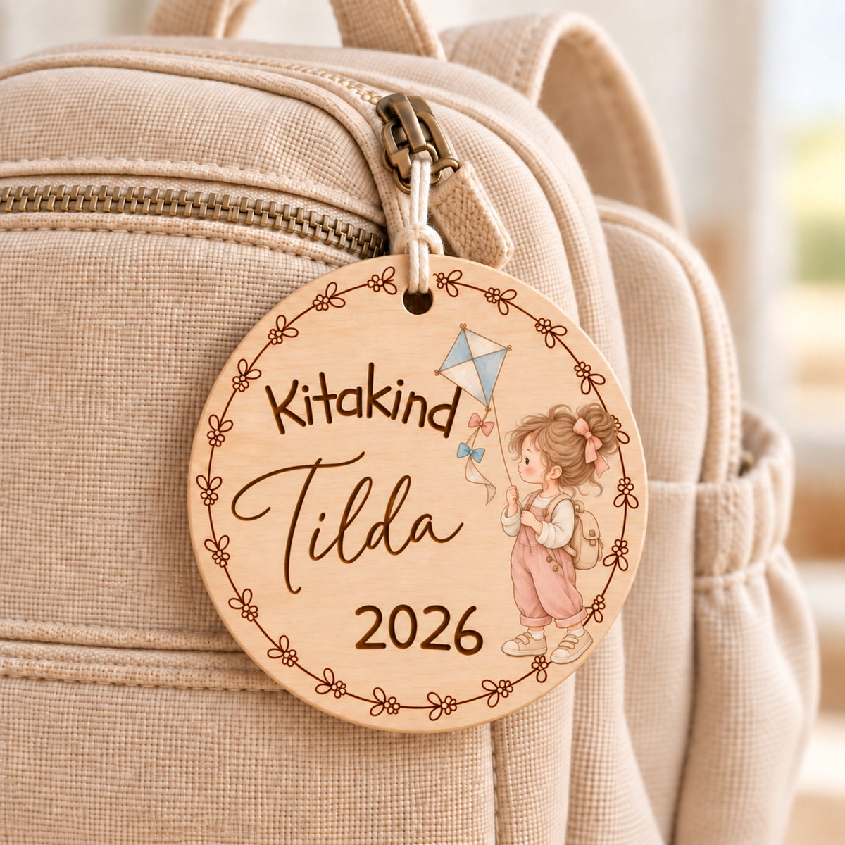 Bunter Kita-Anhänger aus Holz mit Blumenrand, Mädchen mit Flugdrachen und Beispielname Tilda am Rucksack