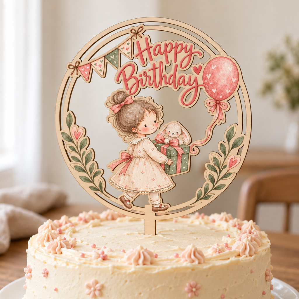 Caketopper Happy Birthday aus 3 mm Lindenholz mit Mädchen, Häschen und rosa Luftballon auf einer Geburtstagstorte – Produktvisualisierung