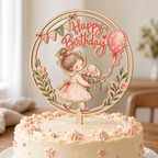 Caketopper Happy Birthday aus 3 mm Lindenholz mit Mädchen, Häschen und rosa Luftballon auf einer Geburtstagstorte – Produktvisualisierung