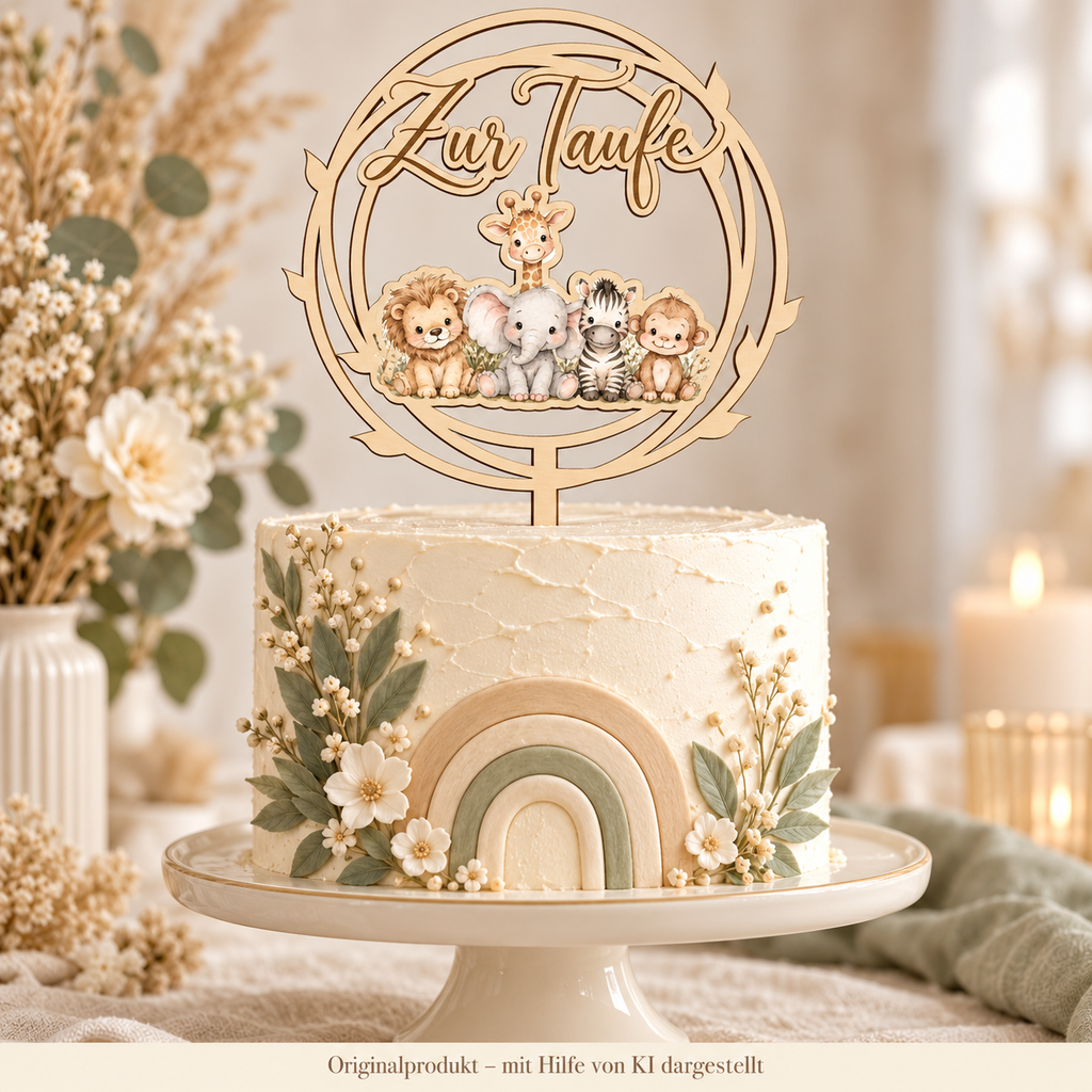 Runder Caketopper Zur Taufe aus Lindenholz mit Safari-Babys auf einer Boho-Tauftorte – mit KI dargestellt