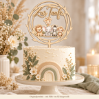 Runder Caketopper Zur Taufe aus Lindenholz mit Safari-Babys auf einer Boho-Tauftorte – mit KI dargestellt