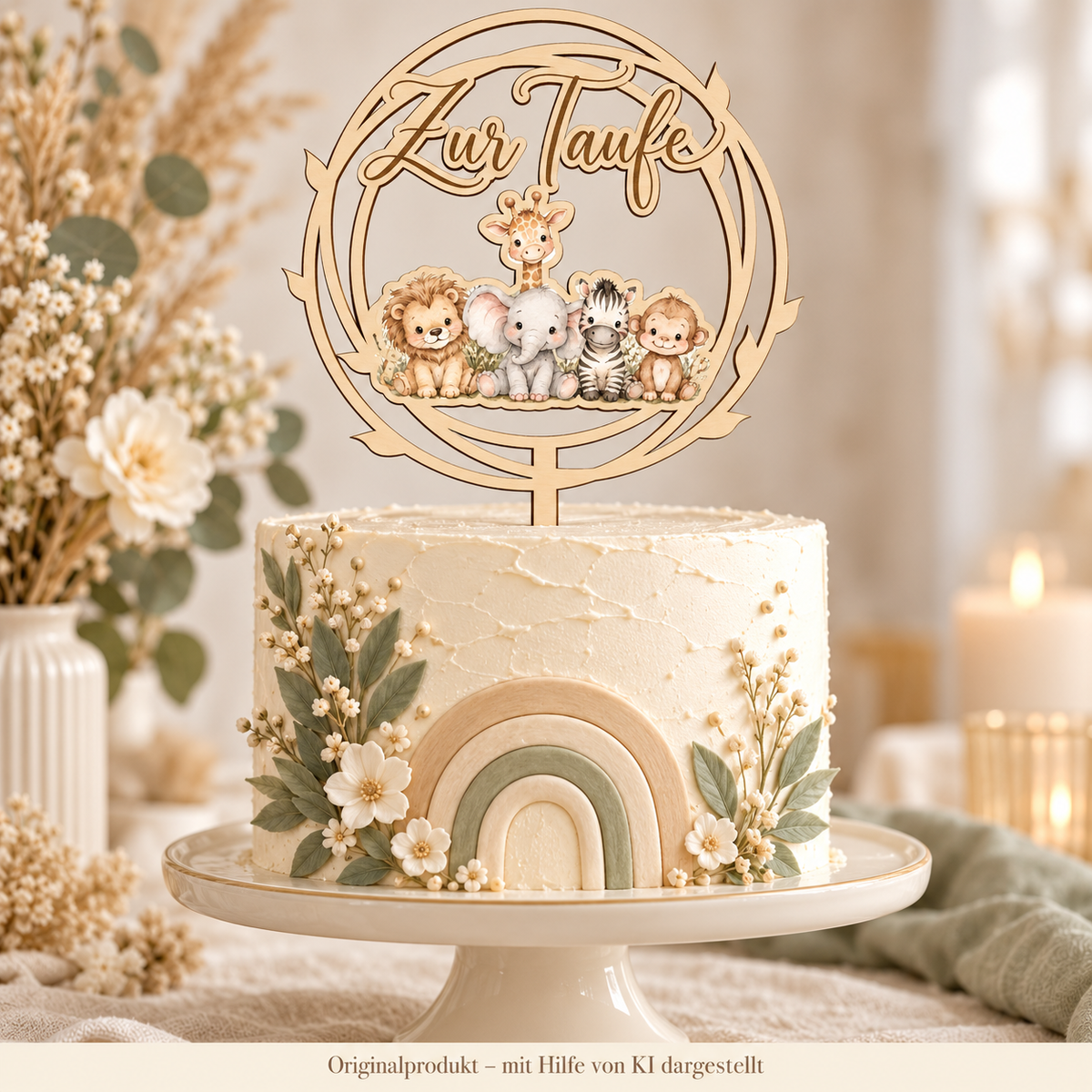 Runder Caketopper Zur Taufe aus Lindenholz mit Safari-Babys auf einer Boho-Tauftorte – mit KI dargestellt