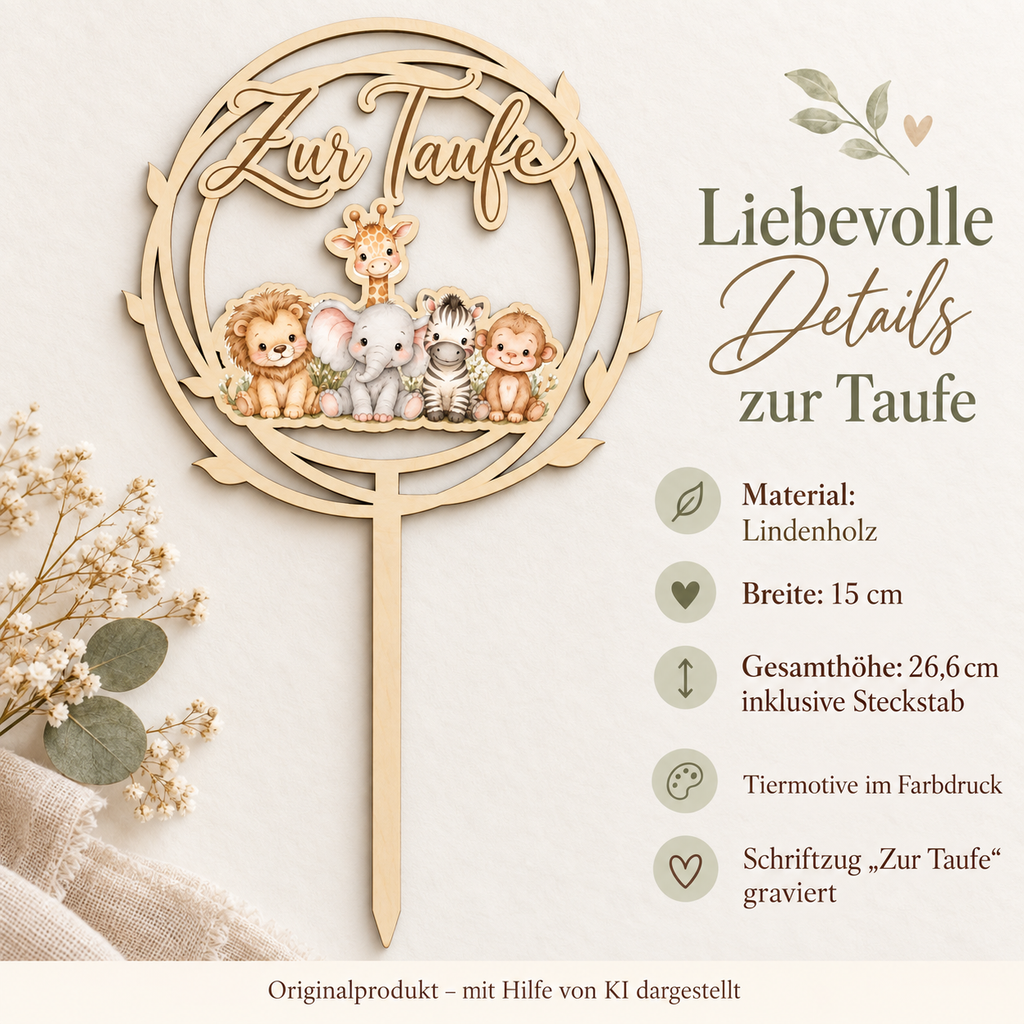 Maße des Safari-Caketoppers Zur Taufe aus Lindenholz: 15 cm Breite und 26,6 cm Gesamthöhe inklusive Steckstab – mit KI dargestellt