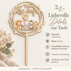 Maße des Safari-Caketoppers Zur Taufe aus Lindenholz: 15 cm Breite und 26,6 cm Gesamthöhe inklusive Steckstab – mit KI dargestellt
