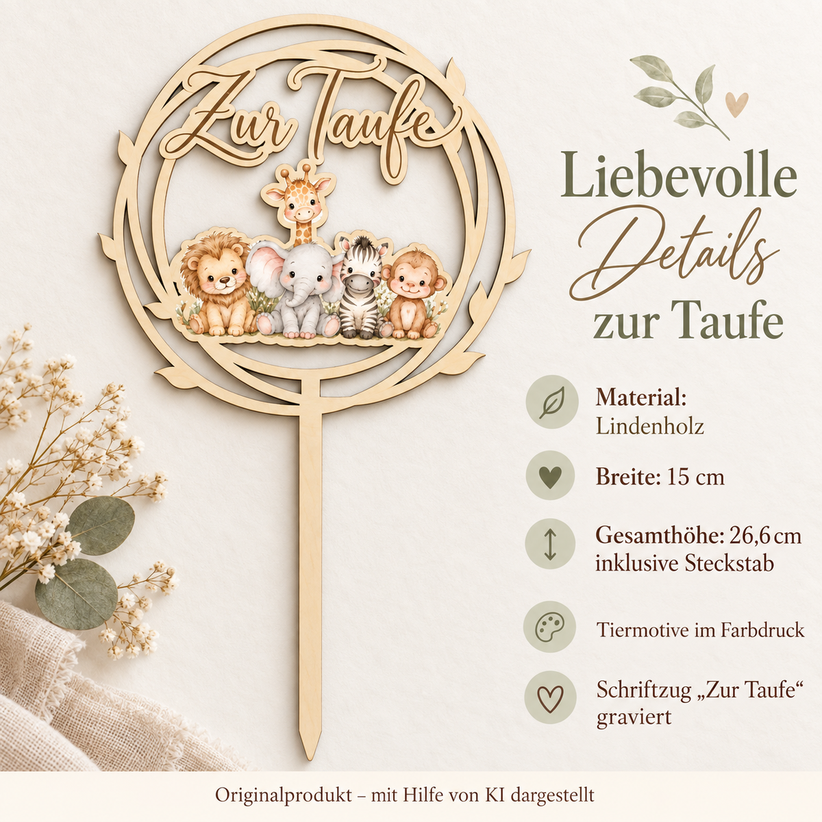 Maße des Safari-Caketoppers Zur Taufe aus Lindenholz: 15 cm Breite und 26,6 cm Gesamthöhe inklusive Steckstab – mit KI dargestellt