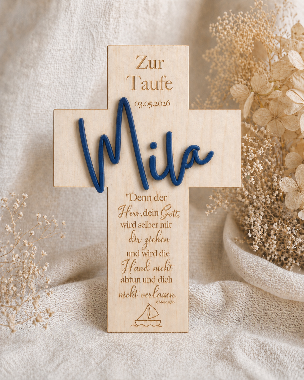 Personalisiertes Holzkreuz mit 3D Namen – Segenskreuz zur Taufe, Kommunion & Konfirmation