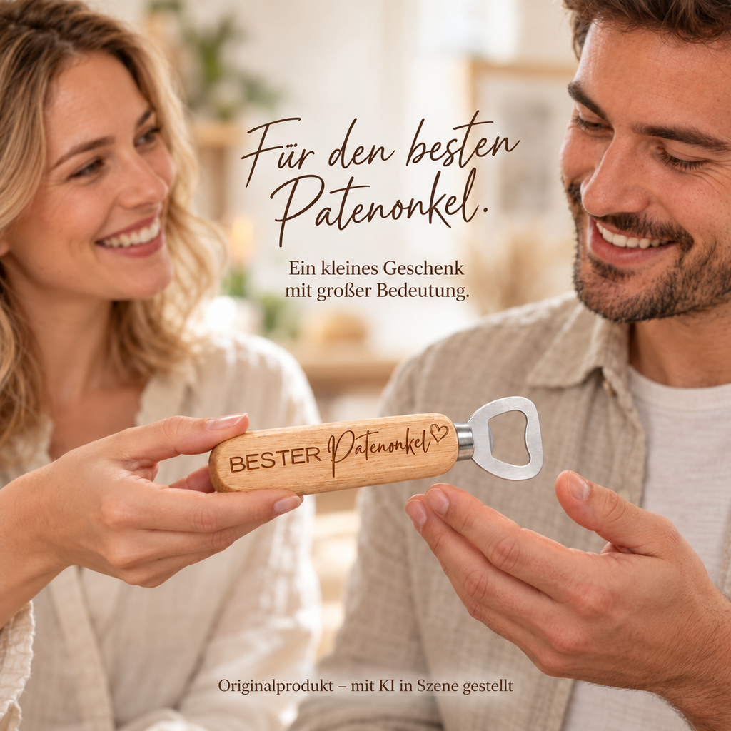 Gravierter Holz-Flaschenöffner als Geschenk an den Patenonkel – KI-Szene