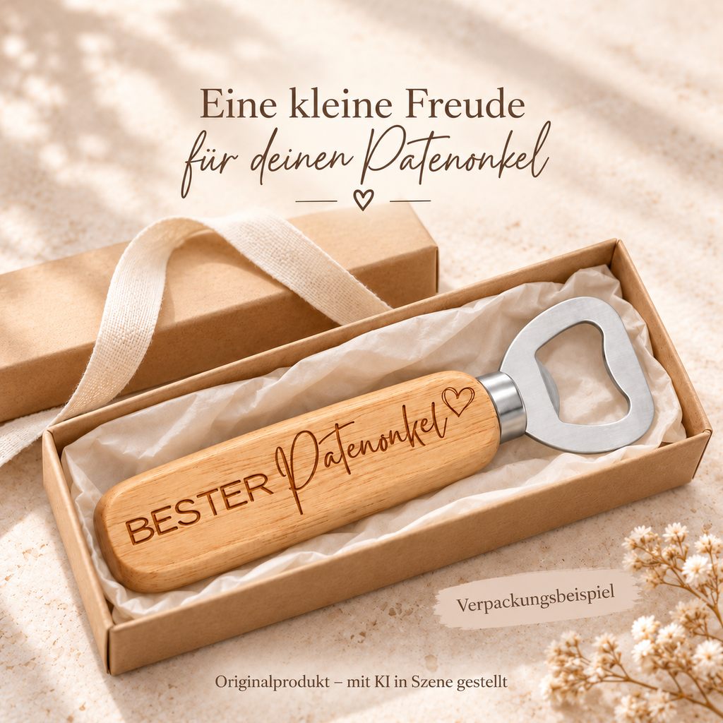Verpackungsbeispiel für den gravierten Flaschenöffner Bester Patenonkel
