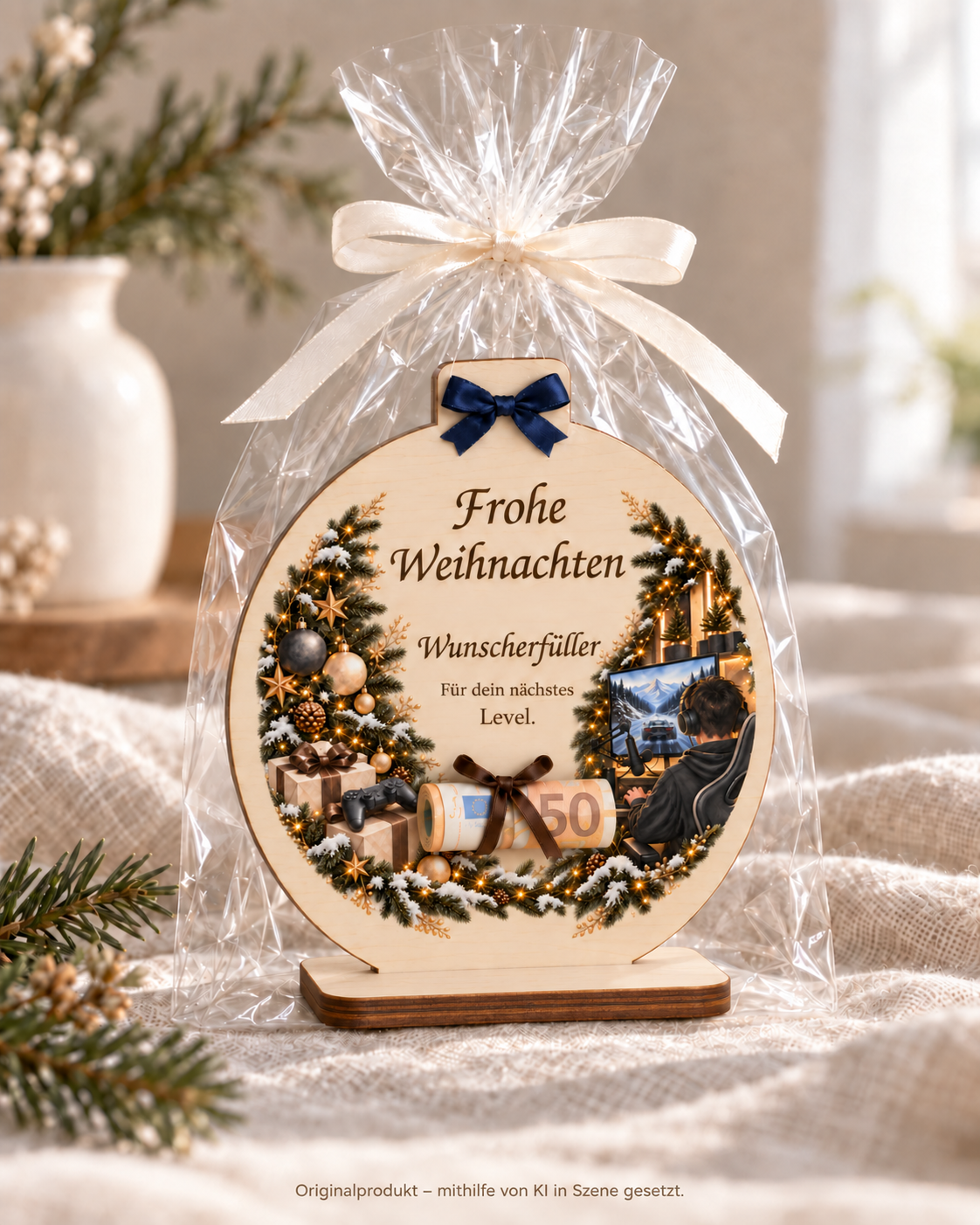 Gaming-Geldaufsteller in transparenter Geschenkfolie als Verpackungsbeispiel; KI-Szenenbild