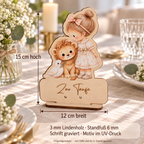 Geldaufsteller 12 cm breit und 15 cm hoch, 3 mm Lindenholz, Standfuß 6 mm, Gravur und UV-Druck