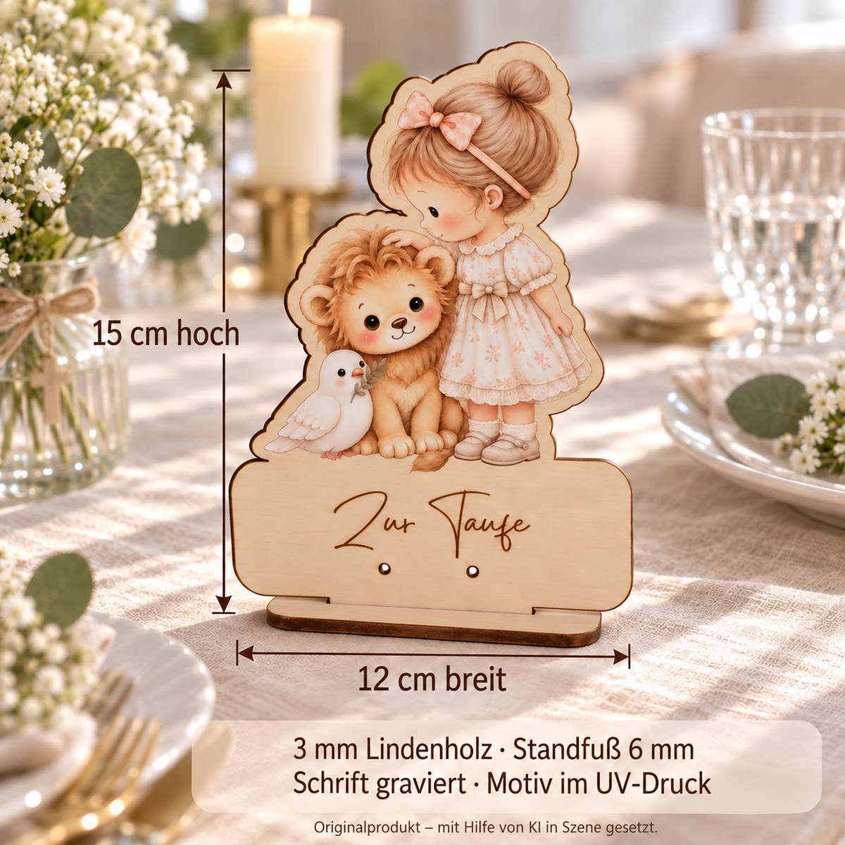 Geldaufsteller 12 cm breit und 15 cm hoch, 3 mm Lindenholz, Standfuß 6 mm, Gravur und UV-Druck