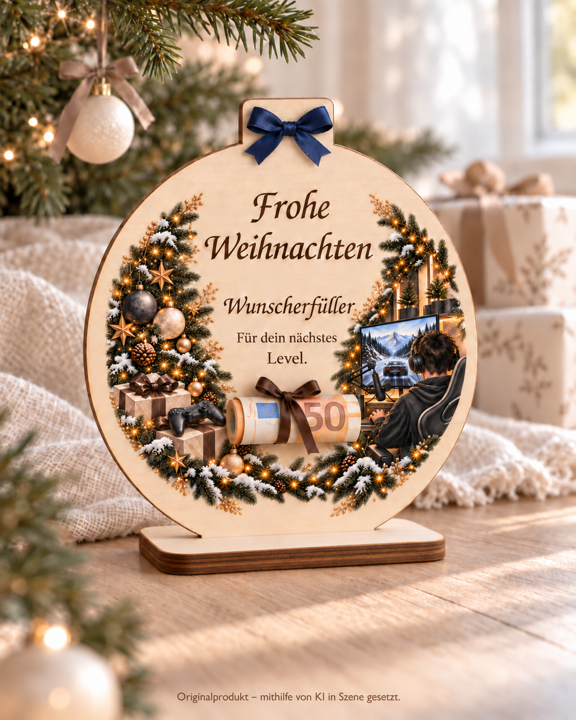 Weihnachtlicher Gaming-Geldaufsteller aus Lindenholz mit UV-Druck, Gravur und dunkelblauer Schleife; KI-Szenenbild