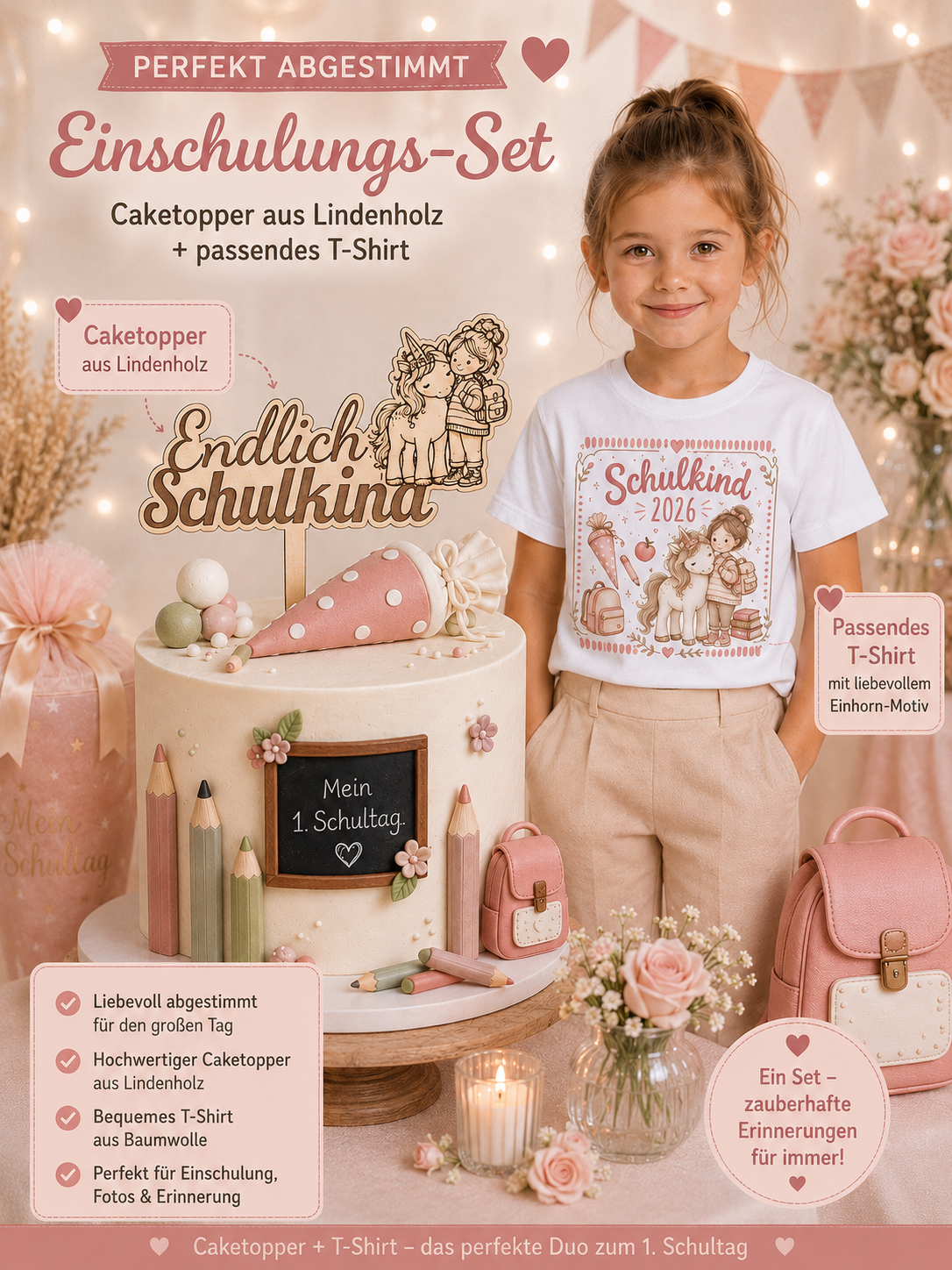Festliches Einschulungsoutfit für Mädchen mit Schulkind 2026 T-Shirt und Einhorn Motiv