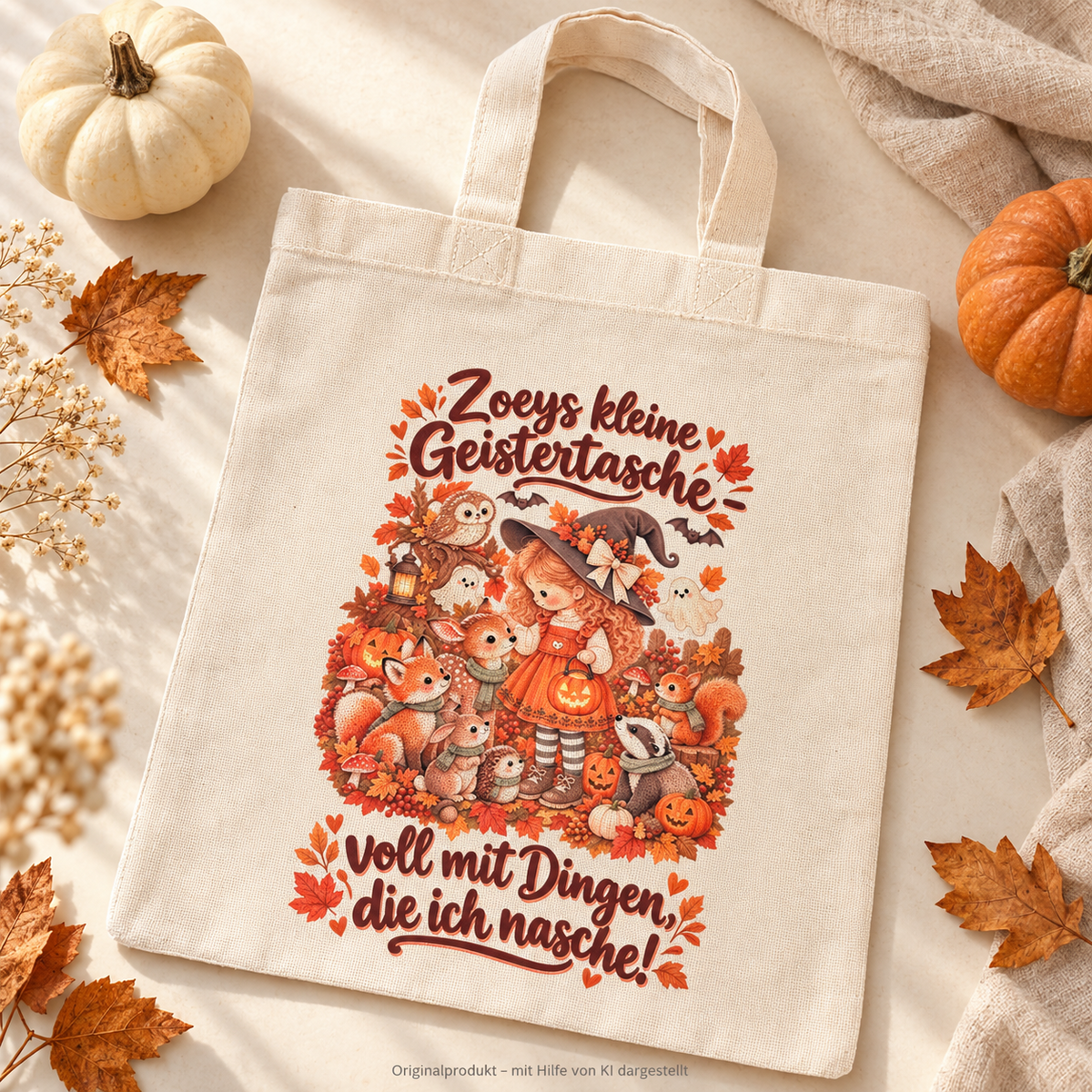 Personalisierte helle Geistertasche mit herbstlichem Motiv; KI-unterstützte Produktdarstellung.