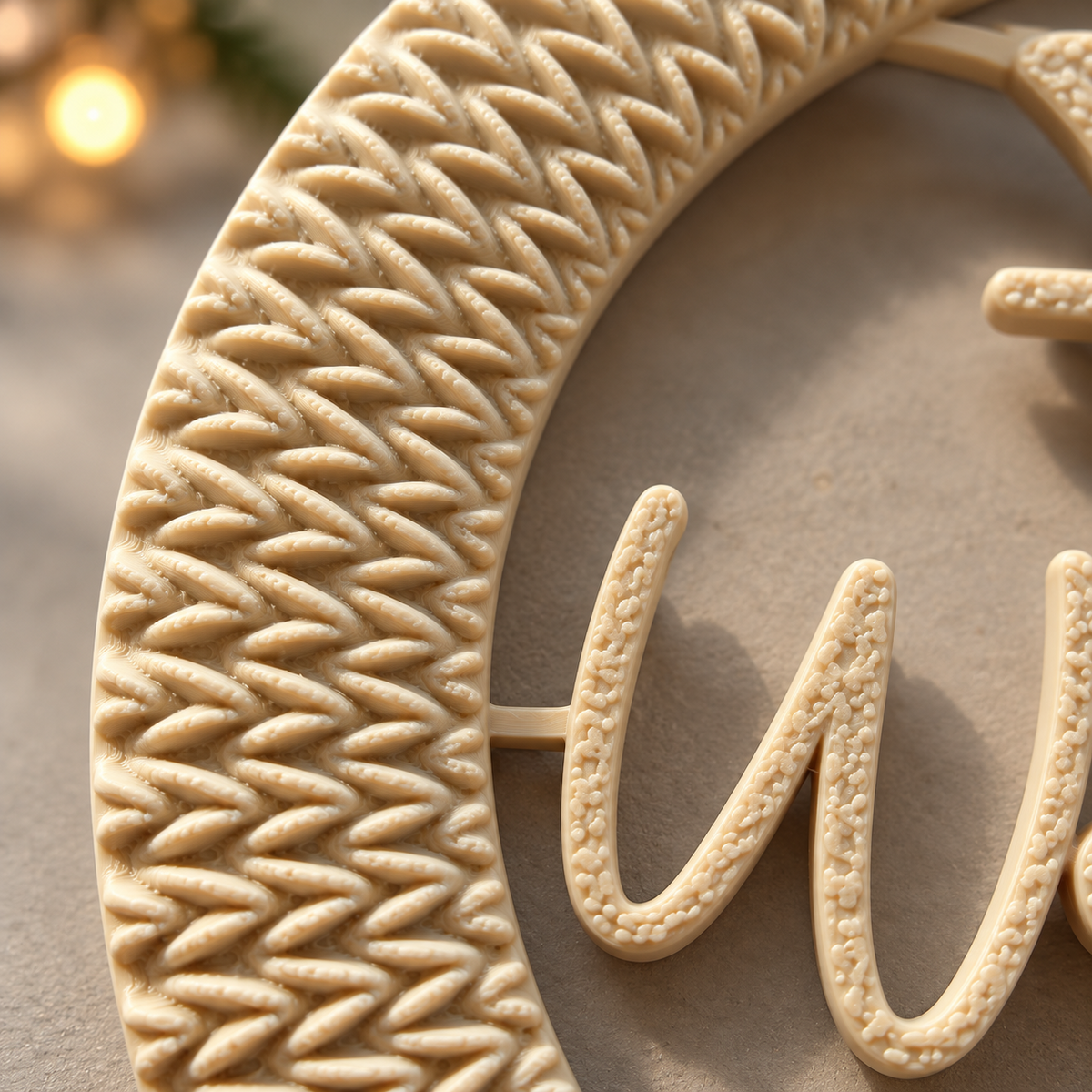 Nahaufnahme der cremefarbenen Strickstruktur und des strukturierten Schriftzugs eines Weihnachtsrings.
