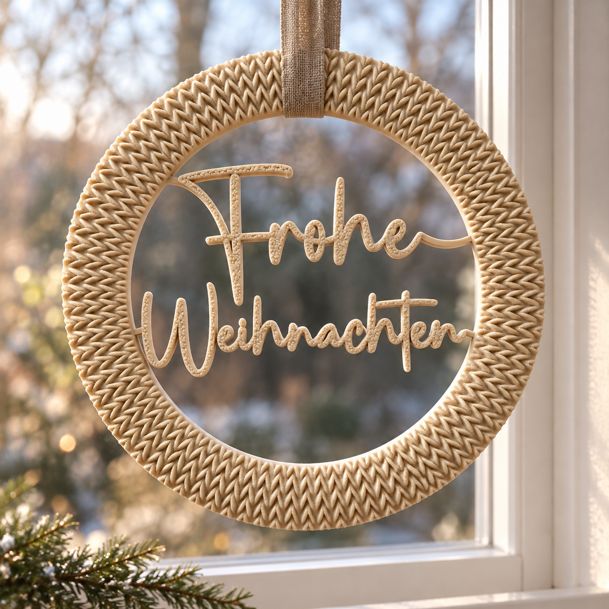 Cremefarbener Dekoring mit Strickstruktur und Schriftzug Frohe Weihnachten am Fenster.