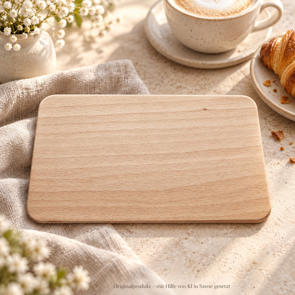 Holzbrettchen für Wunschgravur – Originalprodukt mit Hilfe von KI in Szene gesetzt