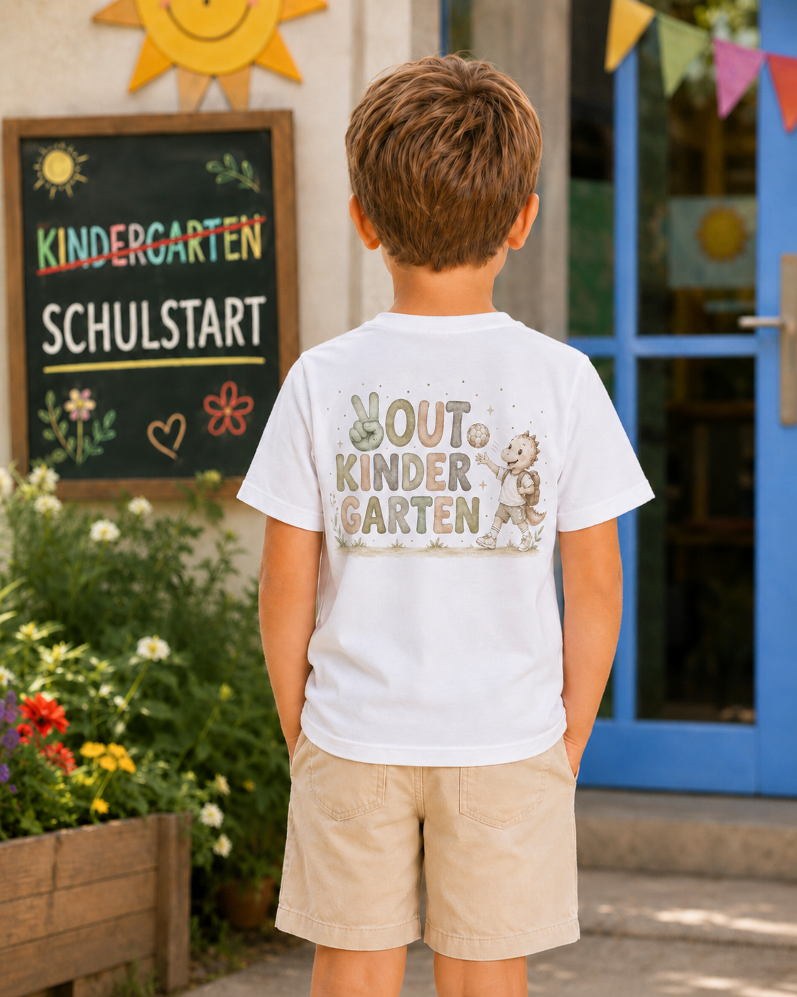 Rückansicht weißes Kinder-T-Shirt mit VOUT KINDER GARTEN Aufdruck zum Schulstart