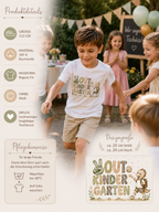 Produktdetails zum weißen Out of Kindergarten Shirt für Kinder mit Dino-Motiv, Baumwolle, Textildruck und Pflegehinweisen.