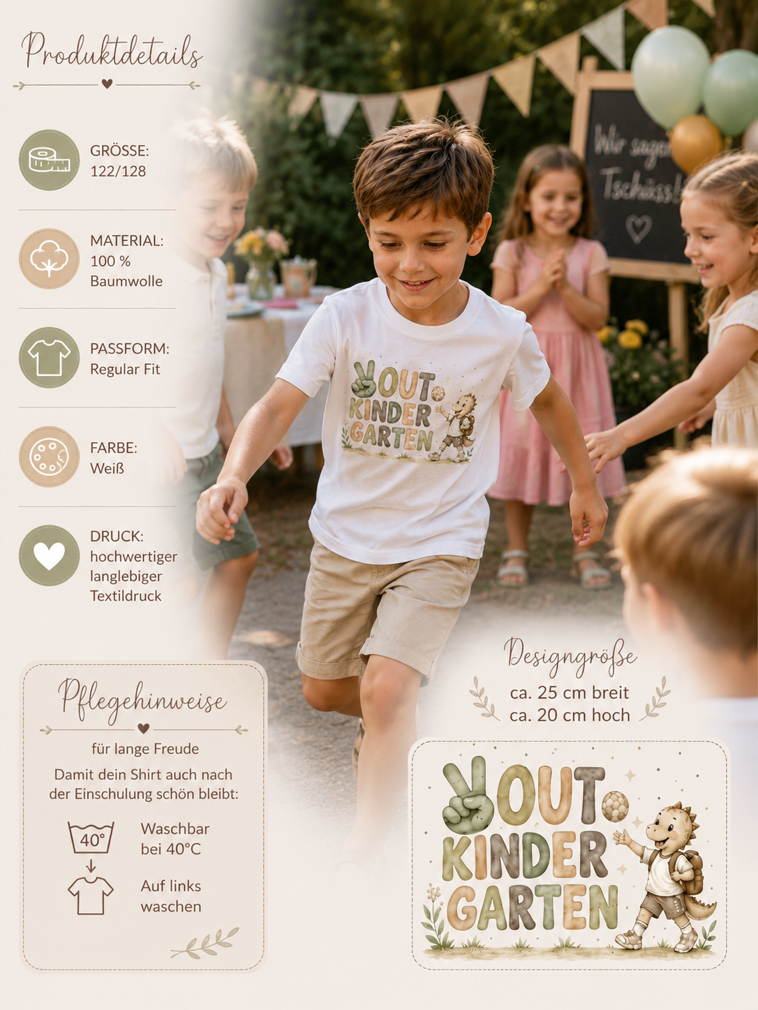 Produktdetails zum weißen Out of Kindergarten Shirt für Kinder mit Dino-Motiv, Baumwolle, Textildruck und Pflegehinweisen.