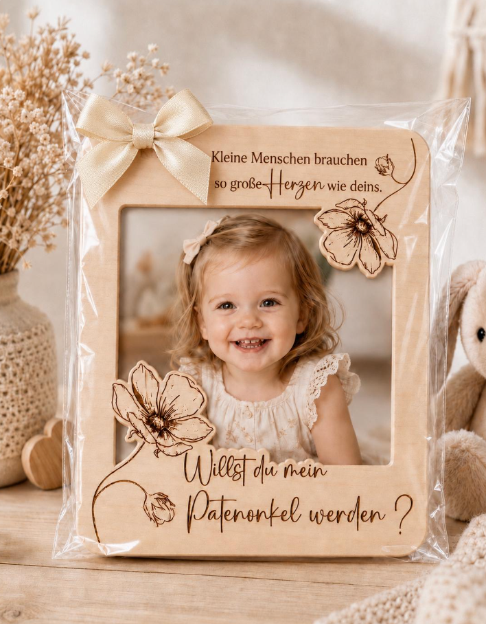 Patenanfrage-Fotorahmen in Cellophantüte mit cremefarbener Schleife