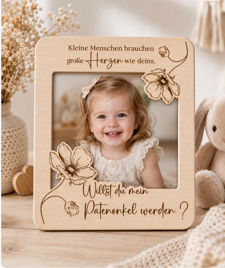 Patenanfrage-Fotorahmen aus Lindenholz mit Blumen und der Frage Willst du mein Patenonkel werden