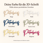 Sechs Farben für die 3D-Schrift: Beige, Weiß, Dunkelblau, Zartes Grün, Buttergelb und Magenta