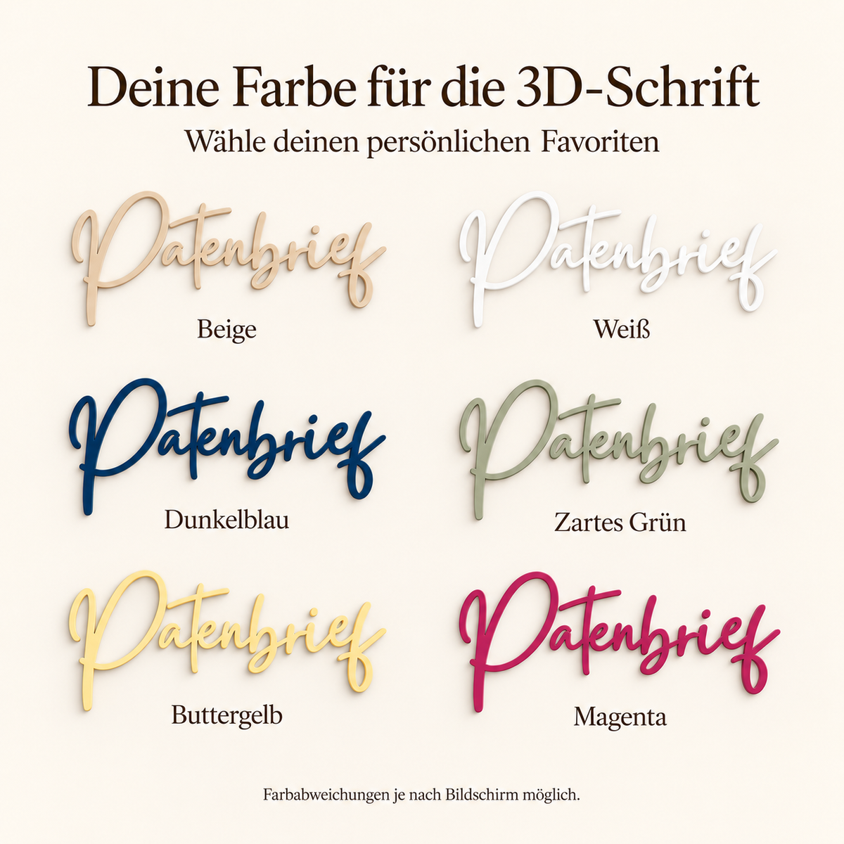 Sechs Farben für die 3D-Schrift: Beige, Weiß, Dunkelblau, Zartes Grün, Buttergelb und Magenta