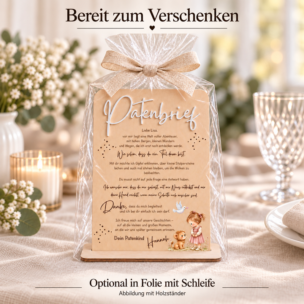 Patenbrief im Holzständer, optional in transparenter Folie mit beigefarbener Schleife verpackt