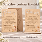 Patenbrief wahlweise als Holzkarte mit Herzumschlag oder mit flachem Holzständer
