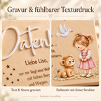 Detailansicht der gravierten Schrift und Sterne, aufgesetzten 3D-Schrift und des Farbmotivs als Texturdruck