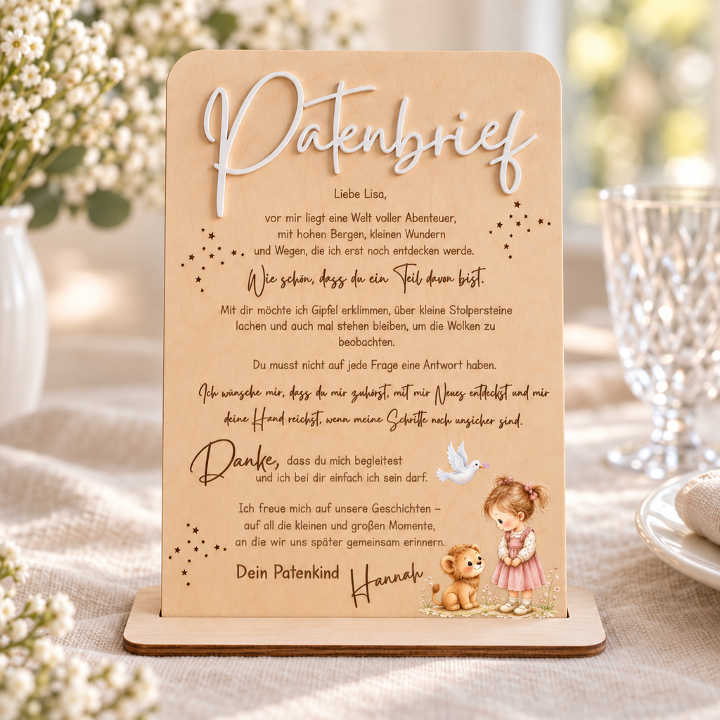 Personalisierter Patenbrief aus Lindenholz mit weißer 3D-Schrift, Mädchen und Löwe auf flachem Holzständer