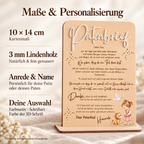 Patenbrief im Format 10 × 14 cm aus 3 mm Lindenholz mit personalisierter Anrede und Namen